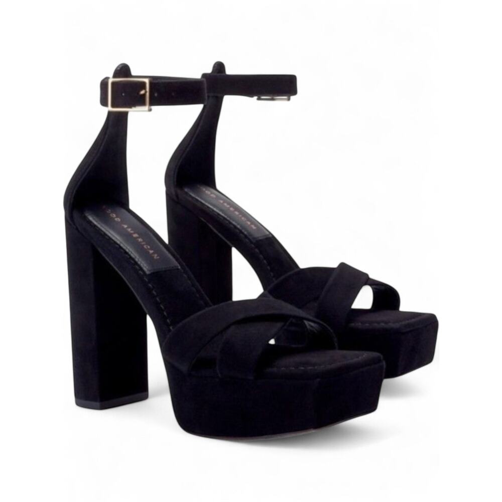 Black Suede Platform Sandal Block Heel Square Toe Ankle Strap Size 10.5 NEW - Picture 3 of 12